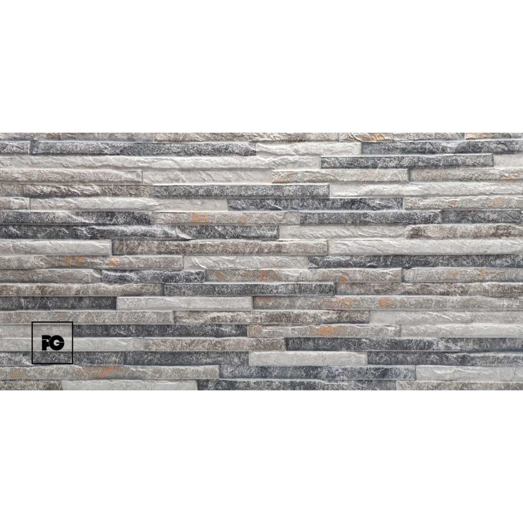 Gray stacked stone veneer wall pattern with varied rectangular tiles; PG logo in the bottom-left corner.