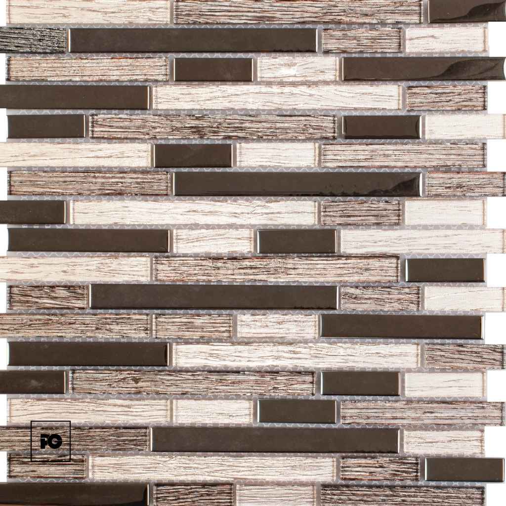 Close-up of a brick-pattern tile wall with alternating dark brown and light wood-textured rectangular tiles; small logo in bottom-left corner.