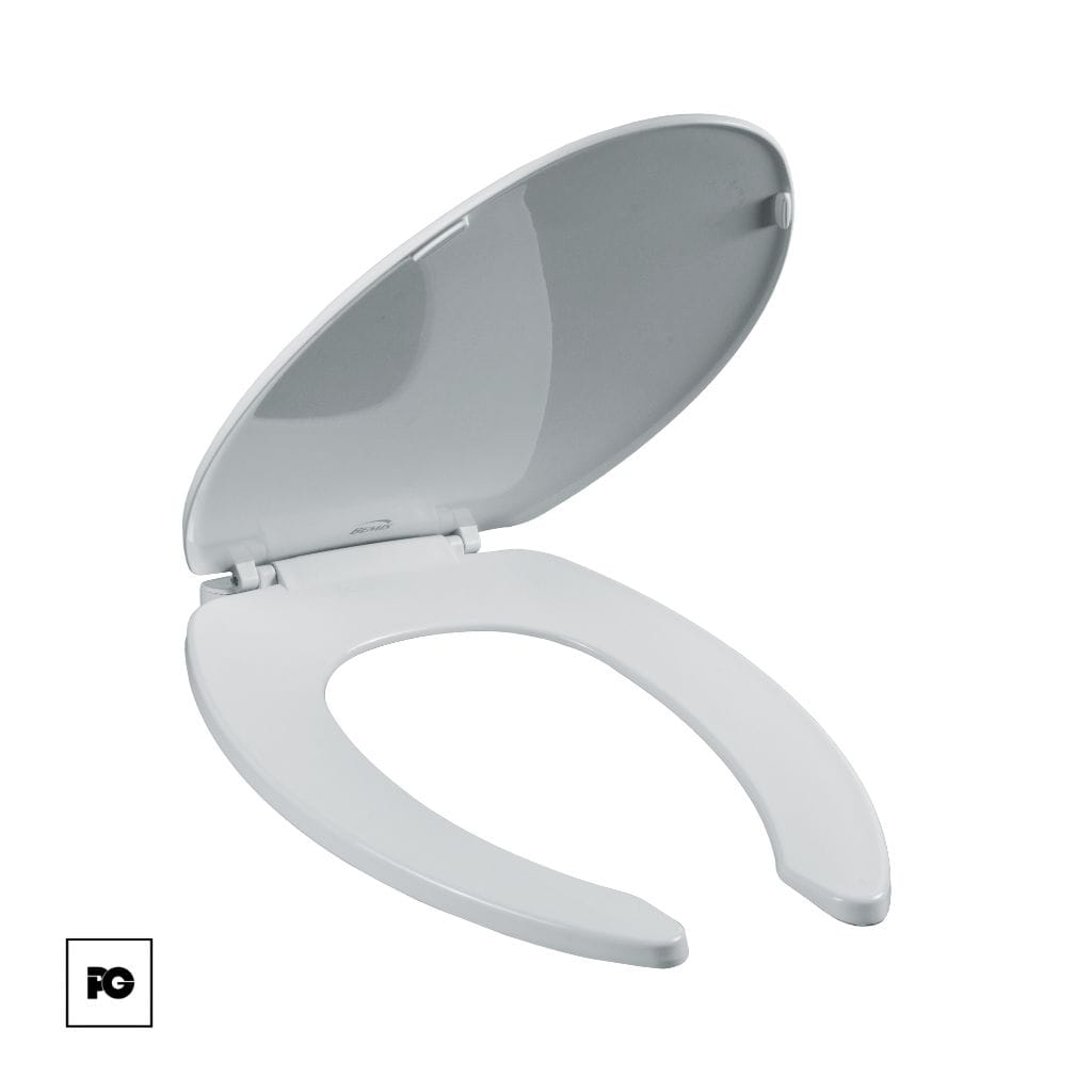 Asiento de plástico alargado, color blanco, frente abierto con tapa.